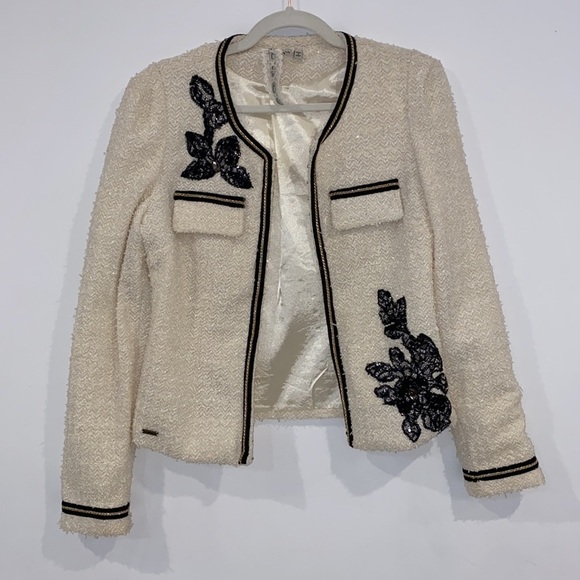 MISMASH tweed ivory blazer with black lace embroideries details Size M - Picture 2 of 14
